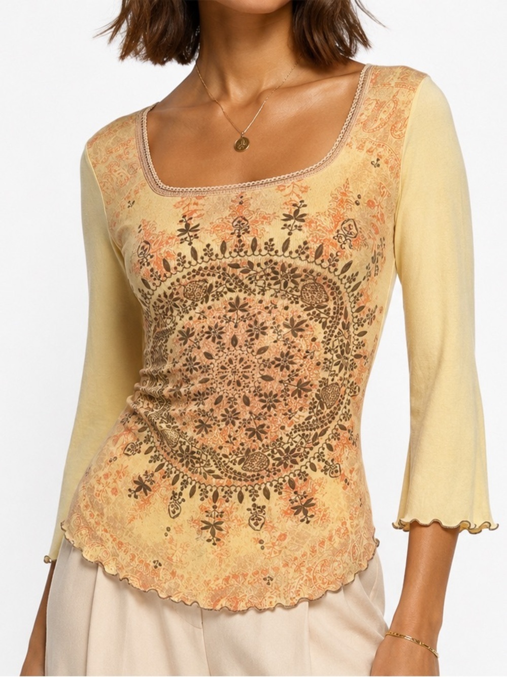 Fang LS T-shirt Painted Botanical Graphics Mandala Boho Y2K Yellow Brown M/L